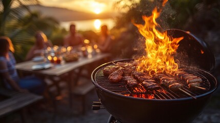 Vibrant BBQ Scene with Flames Rising High and People Enjoying Outdoor Dining at Sunset