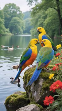 Two parrots perch on trees so high
Guarding nests where babies lie
Colors of love beneath the sky