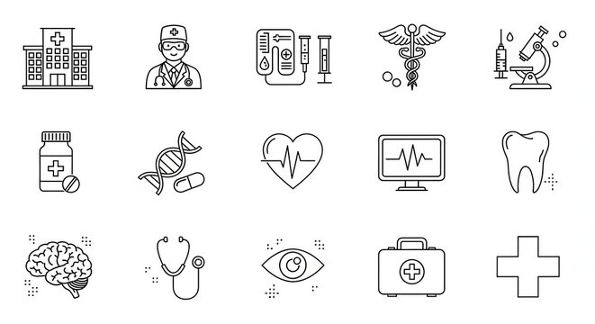 Comprehensive healthcare line icons showcase modern medicine, research, and wellness, perfect for clinic websites and health campaigns needing clear visuals