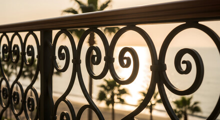 Sunset Over Ocean Through Ornate Balcony Railing