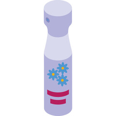 A light purple aerosol spray bottle with a floral design and pink bands on a transparent background in isometric view
