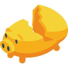 Golden Piggy Bank Cracked Open Showing Interior with Transparent Background