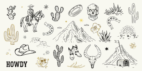A whimsical collection of hand drawn western elements including a cowboy on horseback cacti mountains and a skull