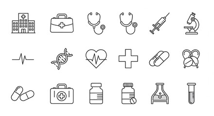 Essential medical icons represent healthcare, science, and wellness with modern simplicity and clear communication for any project