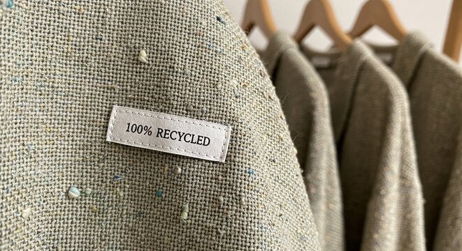 Sustainable fashion choices showcase eco friendly recycled clothing in elegant neutral tones on wooden hangers