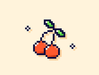 Obraz premium Cute red kawaii pixel art cherries.