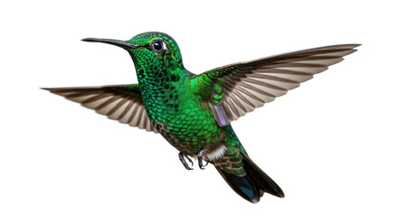 Obraz premium Small ruby hummingbird flying near a red flower and perched on a branch with green nature in the background, showing its wing feathers