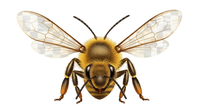 Small hairy insect like a bee or wasp with yellow and black detail closeup against a white background