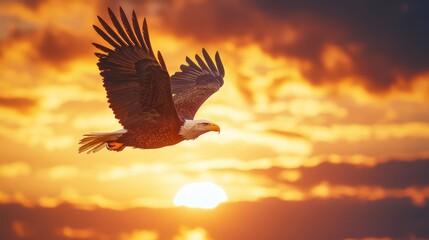 Majestic Bald Eagle Soaring Against the Vibrant Sunset Sky Over Serene Landscape