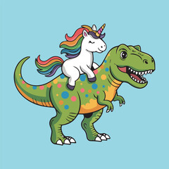 Cute unicorn riding colorful spotted T rex dinosaur