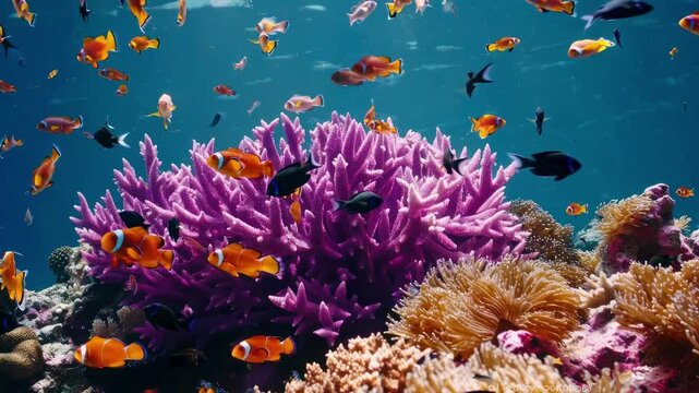 Underwater video scene of vibrant coral reef with colorful fish, captured from a low-angle, showcasing marine life in vivid detail. Live desktop wallpaper.