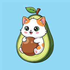 Cute Cat Inside Avocado Cartoon Illustration
