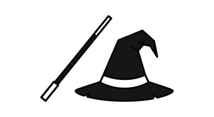 Classic black silhouette of a pointed witch hat with a white band and a magic wand on a white background © MIRAJ02
