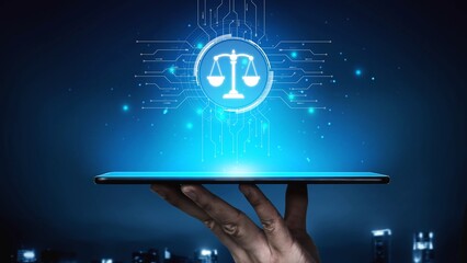 Futuristic digital law interface displaying justice scale, highlighting digital law, AI compliance,...