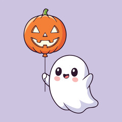  Cute Kawaii Ghost Holding Jack-o'-Lantern Balloon Vector Illustration