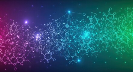 Obraz premium Vibrant molecular network structure glowing with futuristic neon colors, symbolizing science, innovation, and interconnectedness in a dynamic digital space.