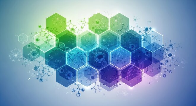 Visualize groundbreaking scientific advancements with vibrant molecular structures and DNA helixes forming a dynamic digital network