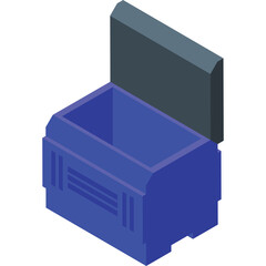 Isometric open blue plastic storage container with dark grey lid on transparent background holiday theme 45 to 70 year olds