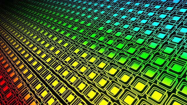 Abstract sci-fi dreamscape unfolds in vibrant hues. Soar above a mesmerizing 3D hologram, where neon lights illuminate a complex pattern of simple shapes. Perfect for creating a futuristic and