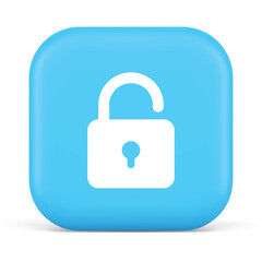 Open padlock icon symbol on a bright cyan square background with rounded corners representing access freedom and security unlocked digitally on a white backdrop.
