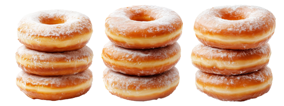 Sweet glazed donuts stacked on top of each other, isolated on white transparent background. Concept of dessert and indulgence