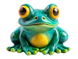 A charming ceramic frog figurine isolated on transparent background stands out
