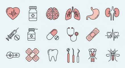 Vibrant medical icons visualize healthcare concepts like heart health, brain function, lungs, stomach, kidneys, and dental care, perfect for health awareness campaigns.