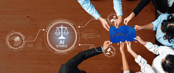 A diverse group of people collaboratively working on puzzle pieces representing AI ethics and...