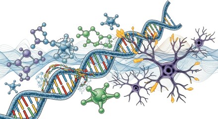 Dynamic visualization of DNA helix, neural pathways, and molecular structures representing scientific research and biological innovation