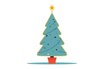 Simple minimalist blue Christmas tree illustration decorated with small ornaments and a yellow star on top. Modern flat vector design perfect for holiday greeting cards, festive posters, invitations, 