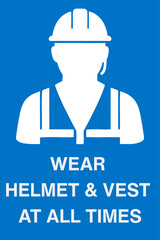 Mandatory safety sign with blue background showing white helmet and safety vest symbols, instructing workers to wear protective gear in construction, factory, and industrial areas.