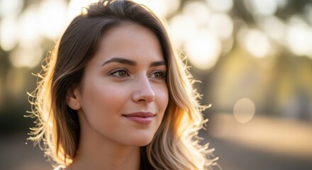 Radiant young woman bathed in warm golden hour sunlight, exuding natural beauty and serene happiness outdoors