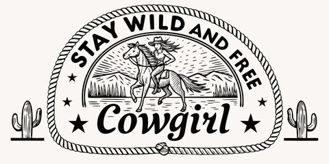 Obraz premium Vintage style illustration of a cowgirl riding a horse with mountains and cacti