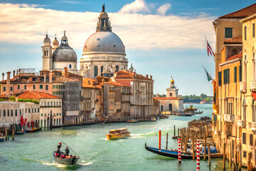 Grand canal in venice with basilica and colorful boats