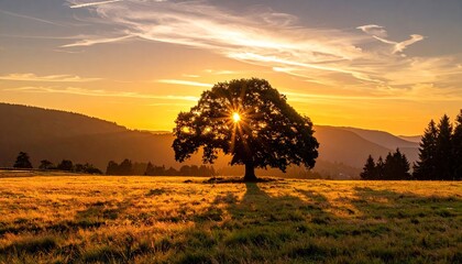 Lone Tree Silhouette Against a Vibrant Sunset in Golden Field with Rolling Hills and Dramatic Cloudscape Bright Sunlight Peeking Through Branches