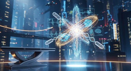 Visualize groundbreaking scientific discovery with holographic atom and DNA models in a futuristic city laboratory setting