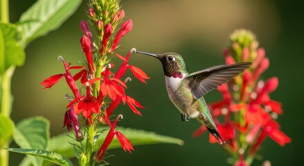 Tiny hummingbird delicately sips nectar from vibrant red cardinal flower in lush green garden