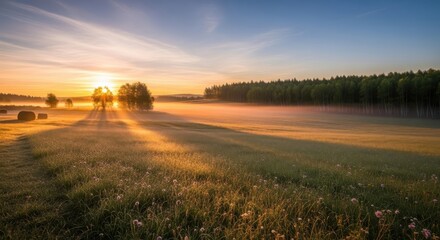 Golden sunrise bathes misty meadow in warm light, illuminating hay bales and distant forest for serene rural beauty.