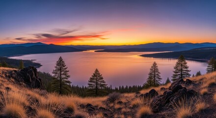 Stunning sunset paints the sky with vibrant hues over a serene lake nestled among rolling hills and evergreen forests