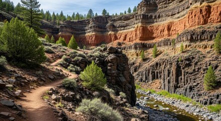 Sun-drenched path winds through vibrant layered canyon walls with a flowing river below, inspiring adventure and exploration