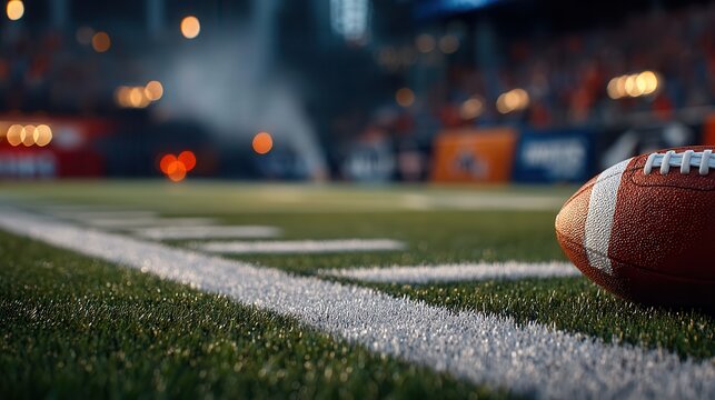 Exciting football game atmosphere with classic ball near scrimmage line ready for kickoff under stadium lights, perfect for sports themed designs