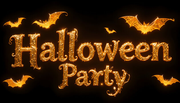 A dazzling halloween party invitation features golden, glittery text spelling halloween party, surrounded by six golden bats against a stark black backdrop, creating a festive atmosphere