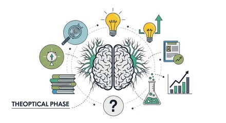 Visualize brilliant ideas and scientific discovery with a human brain, lightbulbs, research icons, and growth charts representing innovation and learning.