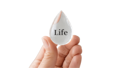 Hand holding clear droplet with 'Life' inside, isolated on white background. Concept for purity, hope, preciousness, environmental awareness.