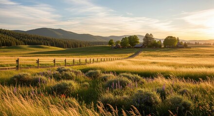 Golden hour illuminates a rustic ranch with wooden fences and wildflowers stretching across rolling hills toward distant mountains