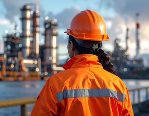 A worker in bright orange gear overlooks an industrial complex