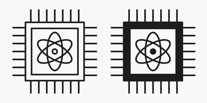 Quantum computing icon in outline and solid style on gray background. Vector illustration representing advanced data processing, futuristic computing, and digital innovation technology.