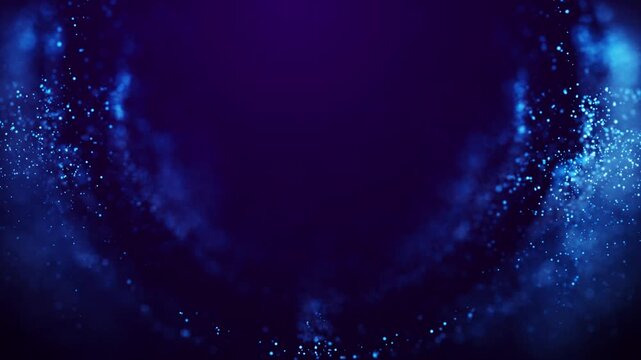 Magical sparkles of light form abstract round structures. Blue glow particles float in viscous liquid with bokeh. Fantastic background in 4k for festive events. Luma matte as alpha channel. 3d render