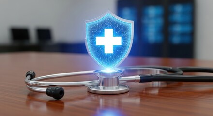 Digital health shield with glowing cross and stethoscope on desk symbolizes modern medical security and technology innovation