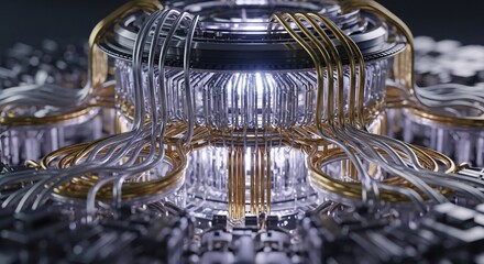 Quantum computing machine with complex wiring and bright futuristic technology core for science concepts